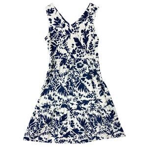 NWOT MAGASCHONI Dress 10 Linen Floral A-Line Tiered Blue White Sleeveless